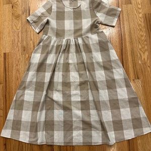 ROOLEE Women's Midi Dress Beige White BUFFALO PLAID pockets Short Sleeve 3XL